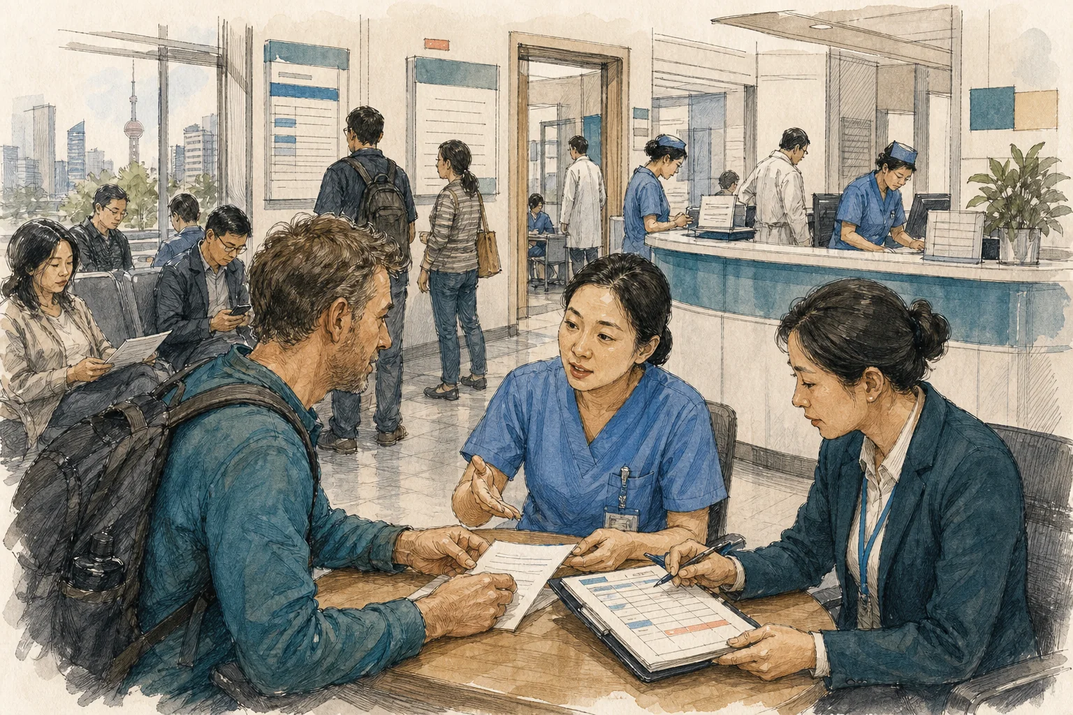 Editorial illustration of an international patient receiving help navigating a diagnostic visit in a Chinese hospital