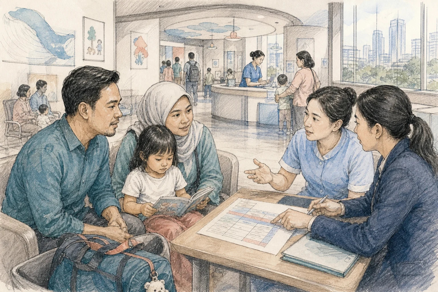 Privacy-preserving editorial illustration of a Singapore family speaking with a coordinator and pediatric care professional in China